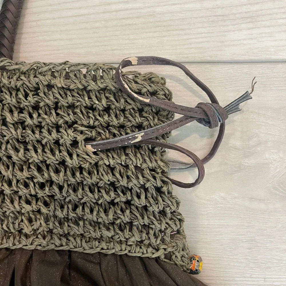 Bohemian Crochet Knit Bag Women Brown Beaded Drawstring Hobo Boho Fairycore Y2k‎